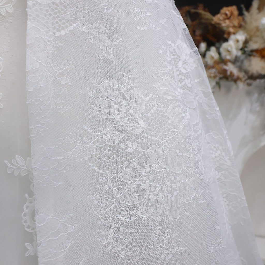 Luxury White Lace Embroidery A-Line Wedding Dress with Overskirt SW651