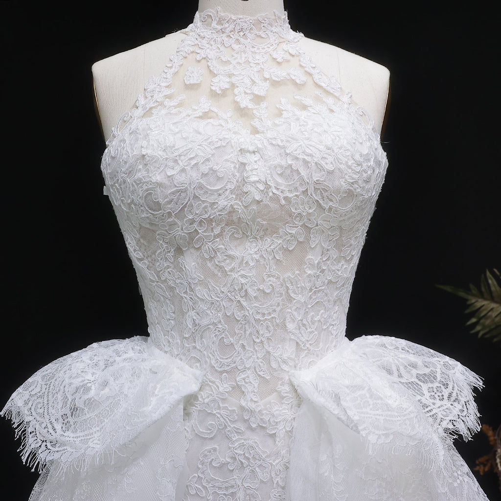 Luxury White Lace Embroidery A-Line Wedding Dress with Overskirt SW651