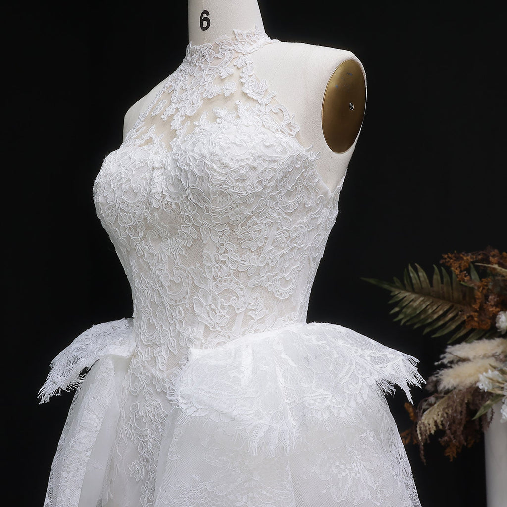 Luxury White Lace Embroidery A-Line Wedding Dress with Overskirt SW651