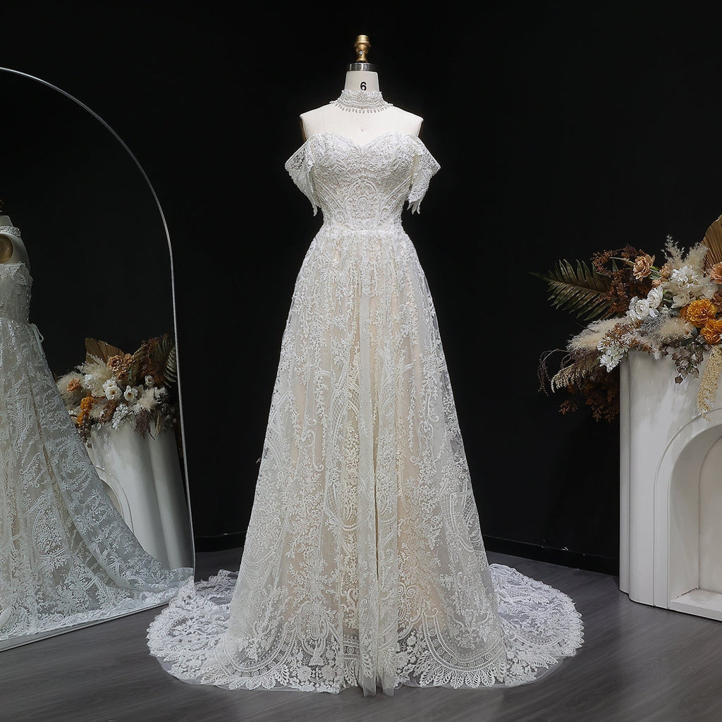 Elegant Off White Lace Pearl Embroidery Ball Gown Wedding Dress SW652