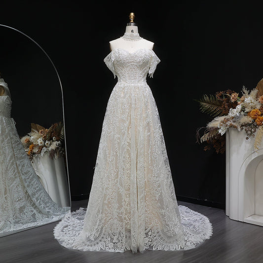 Elegant Off White Lace Pearl Embroidery Ball Gown Wedding Dress SW652