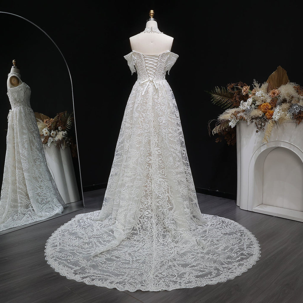 Elegant Off White Lace Pearl Embroidery Ball Gown Wedding Dress SW652