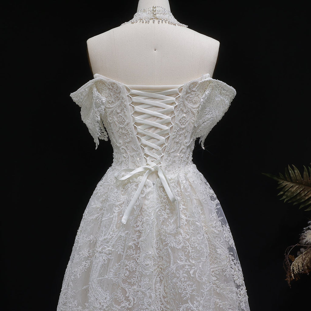 Elegant Off White Lace Pearl Embroidery Ball Gown Wedding Dress SW652