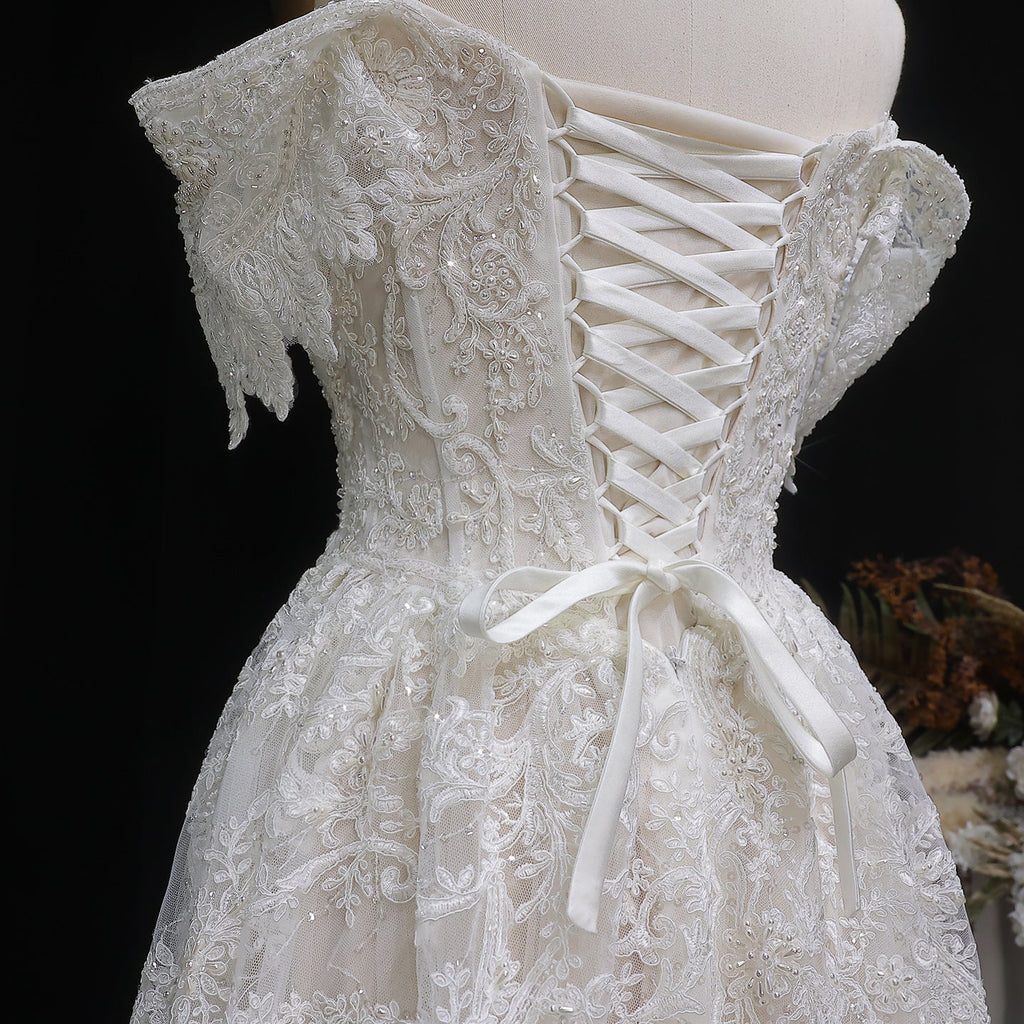 Elegant Off White Lace Pearl Embroidery Ball Gown Wedding Dress SW652