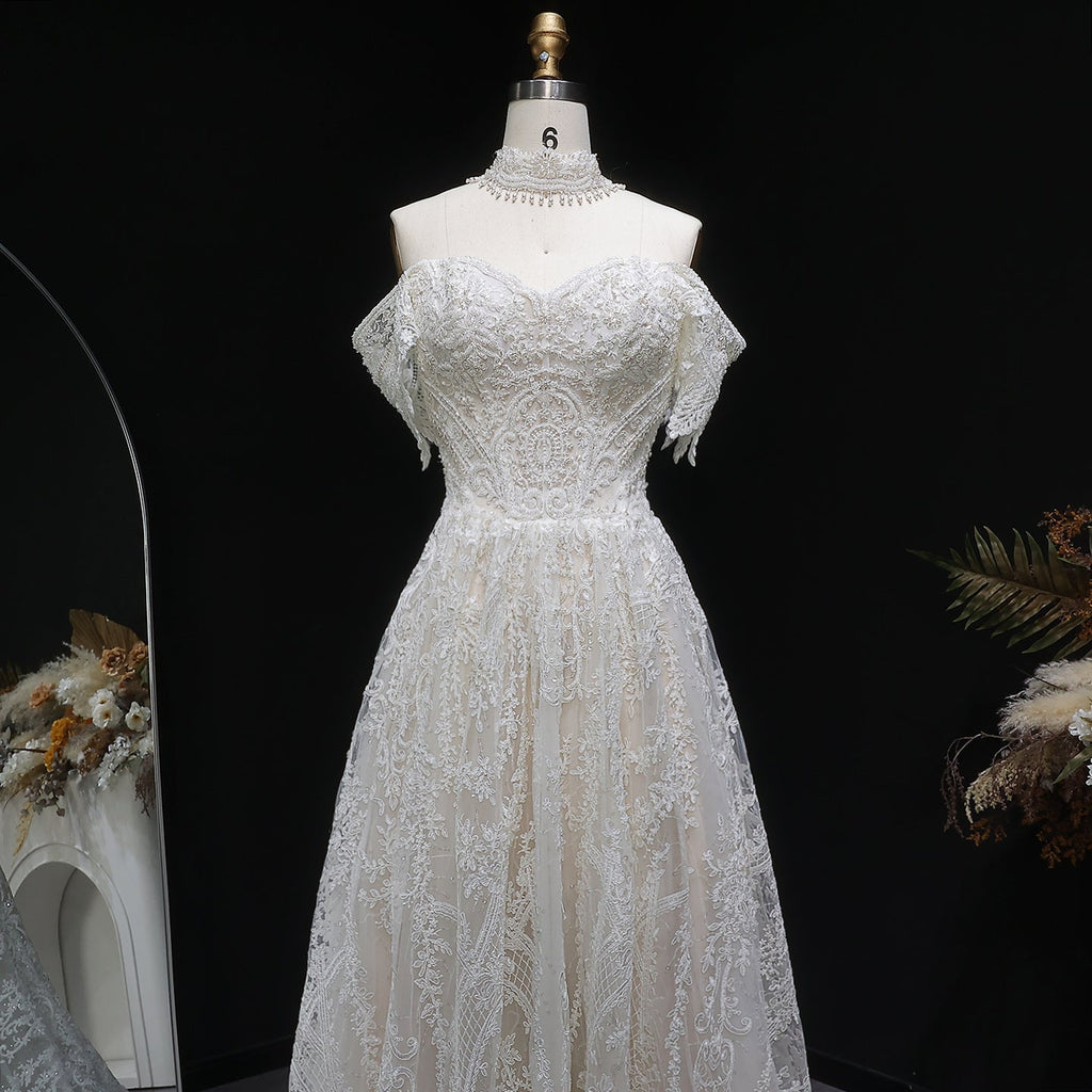 Elegant Off White Lace Pearl Embroidery Ball Gown Wedding Dress SW652