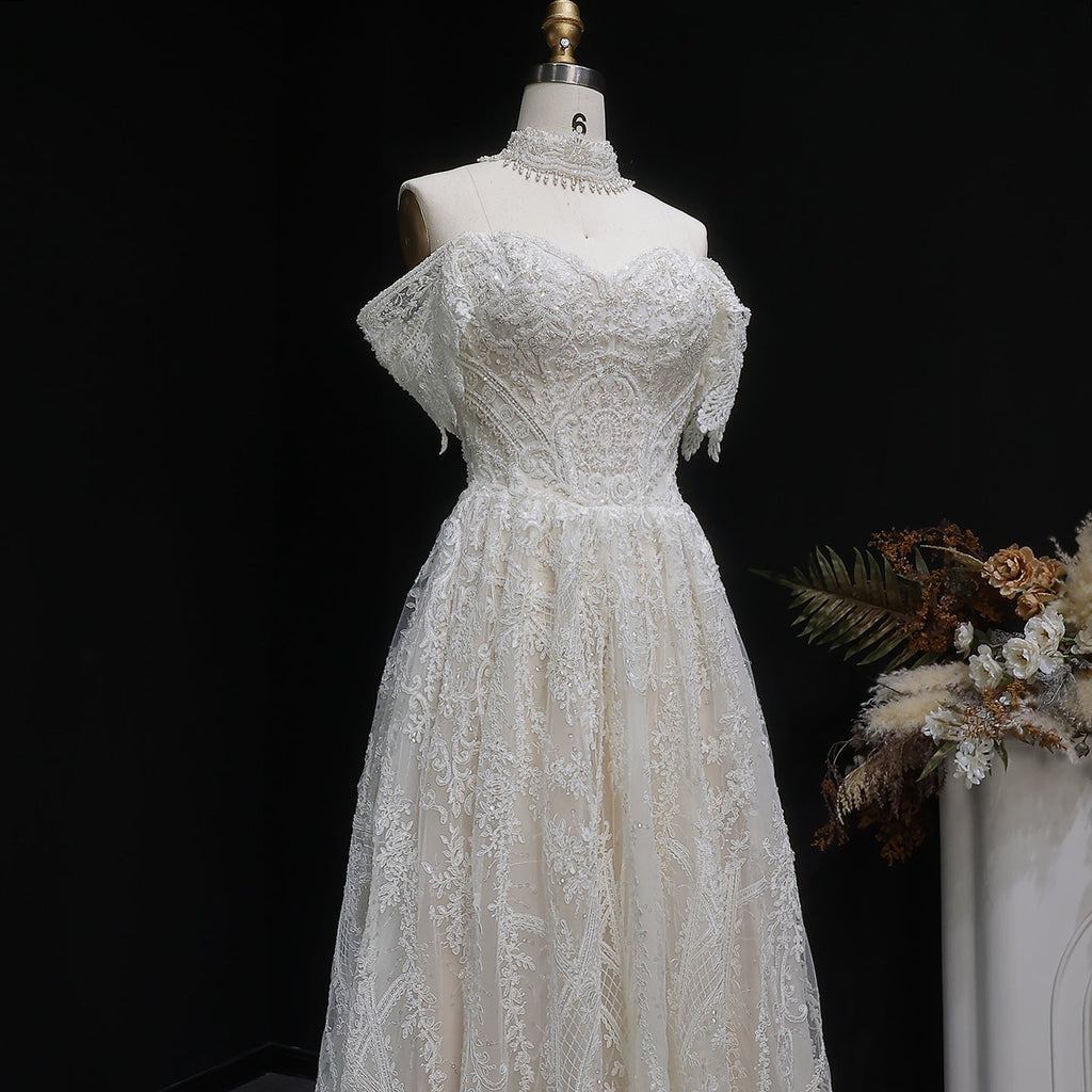 Elegant Off White Lace Pearl Embroidery Ball Gown Wedding Dress SW652