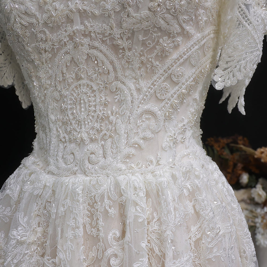 Elegant Off White Lace Pearl Embroidery Ball Gown Wedding Dress SW652