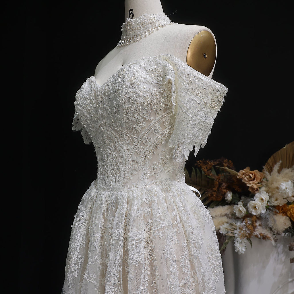 Elegant Off White Lace Pearl Embroidery Ball Gown Wedding Dress SW652