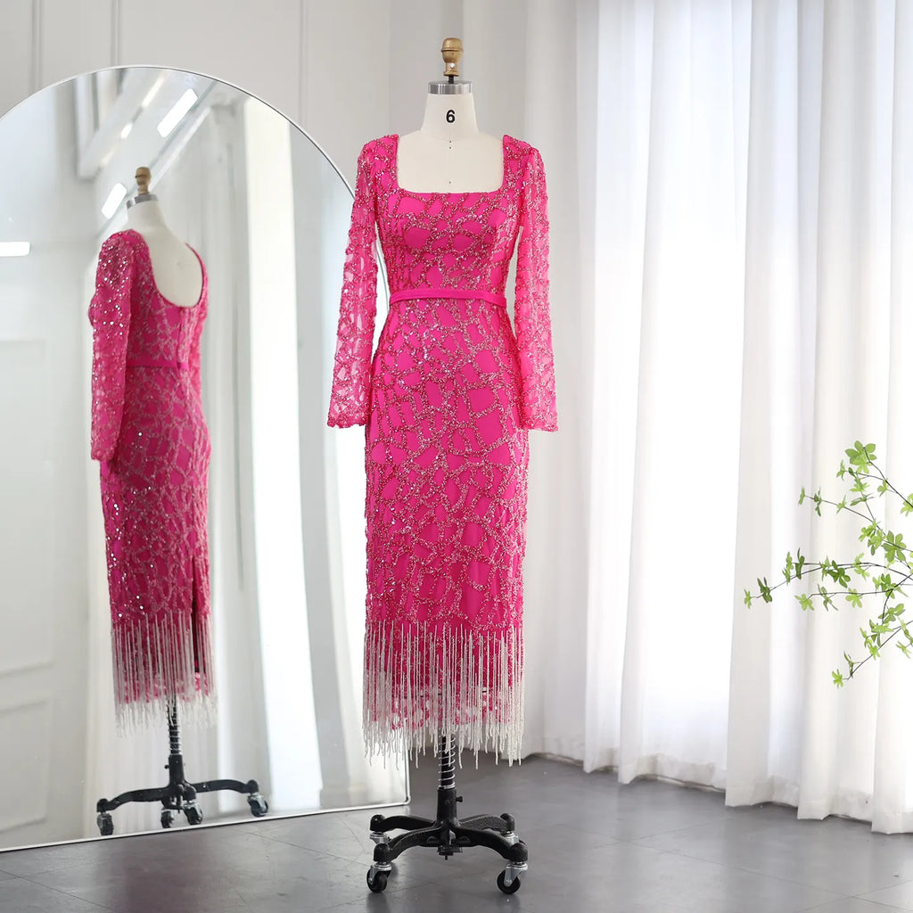 Luxury Tassel Hot Pink Square Neck Long Sleeves Evening Dress SS347