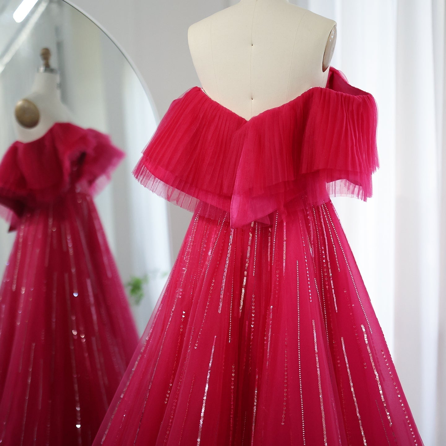 Luxury Fuchsia Off Shoulder A-Line Evening Dress SS390