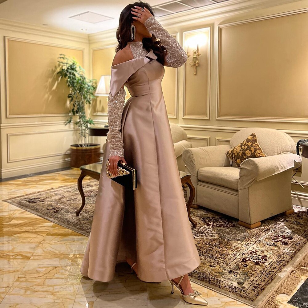 Elegant Halter Rose Gold A-Line Satin High Low Evening Dress SF058L