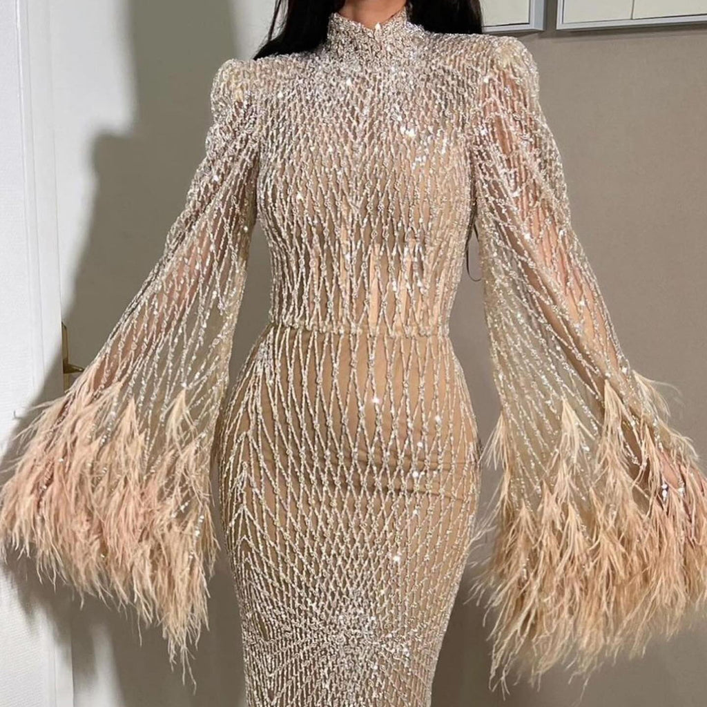 Luxury Feathers Nude Long Sleeves Mermaid Evening Dresses SS227