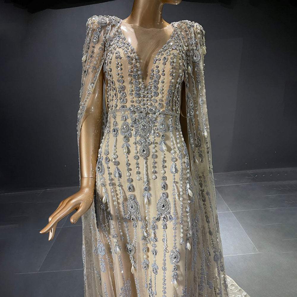 Luxurious Crystal Pearls Evening Dress with Cape Sleeves SS750