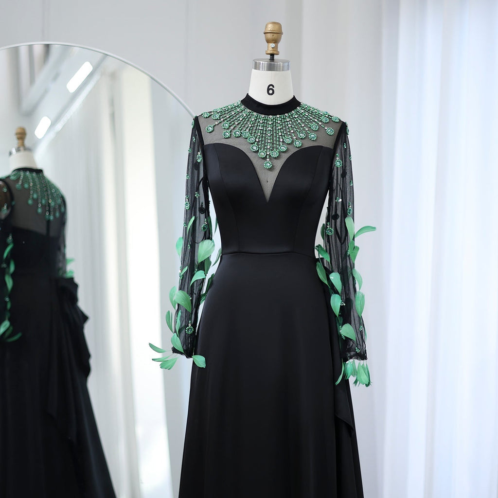 Luxury Green Feathers Black Long Sleeves Evening Dress SS457