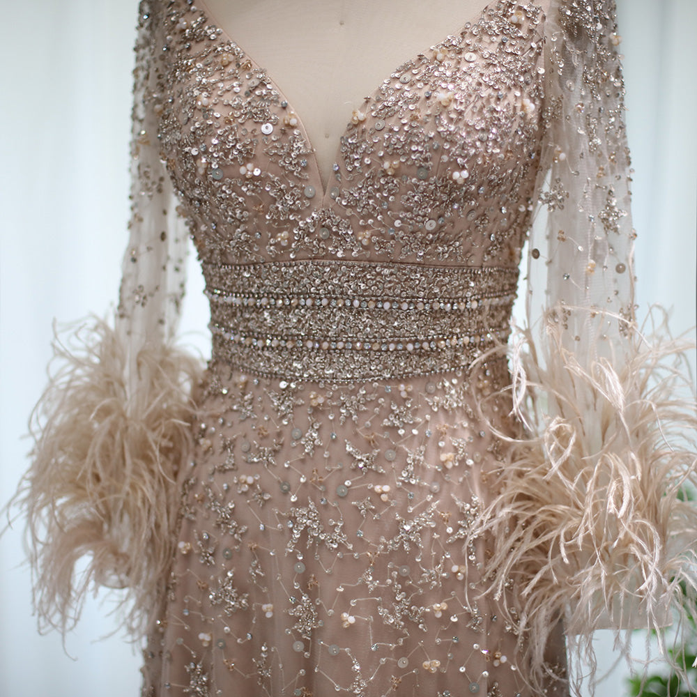 Elegant Beaded Champagne Feathers Long Sleeves Evening Dress SS101