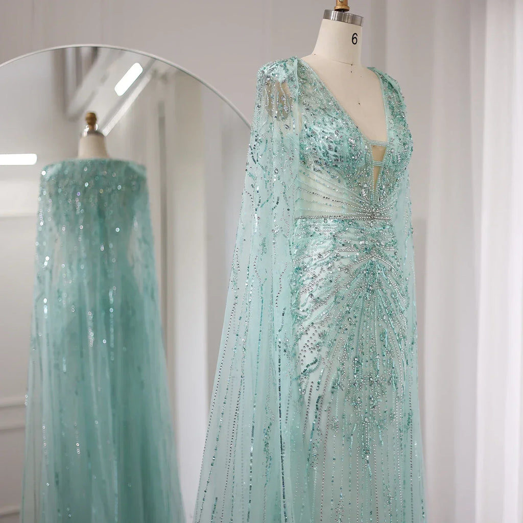 Luxury Turquoise V-Neck Mermaid Evening Dresses with Cape SS397