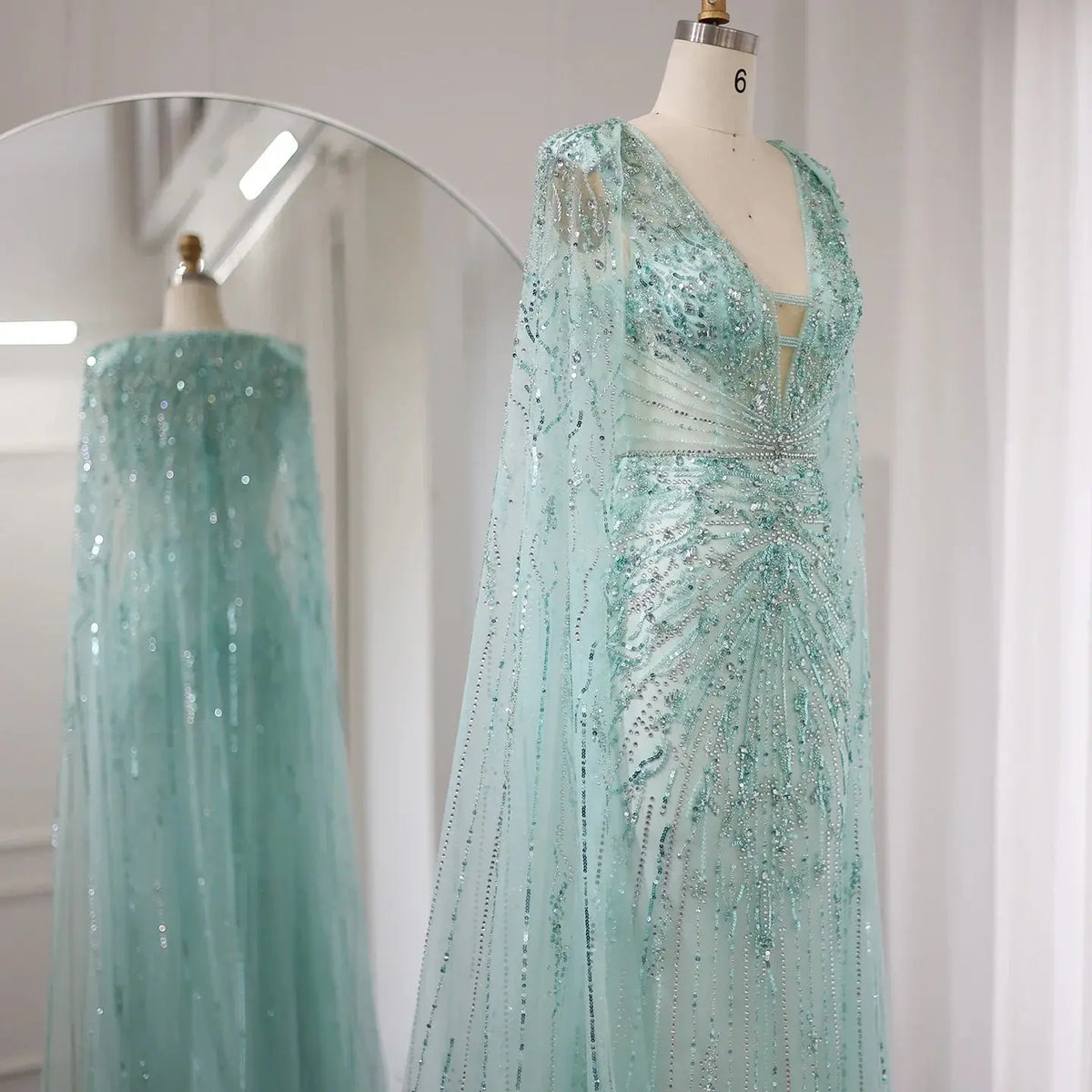Luxury Turquoise V-Neck Evening Dress with Cape SS397