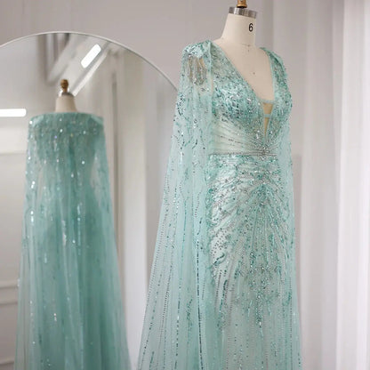 Luxury Turquoise V-Neck Evening Dress with Cape SS397
