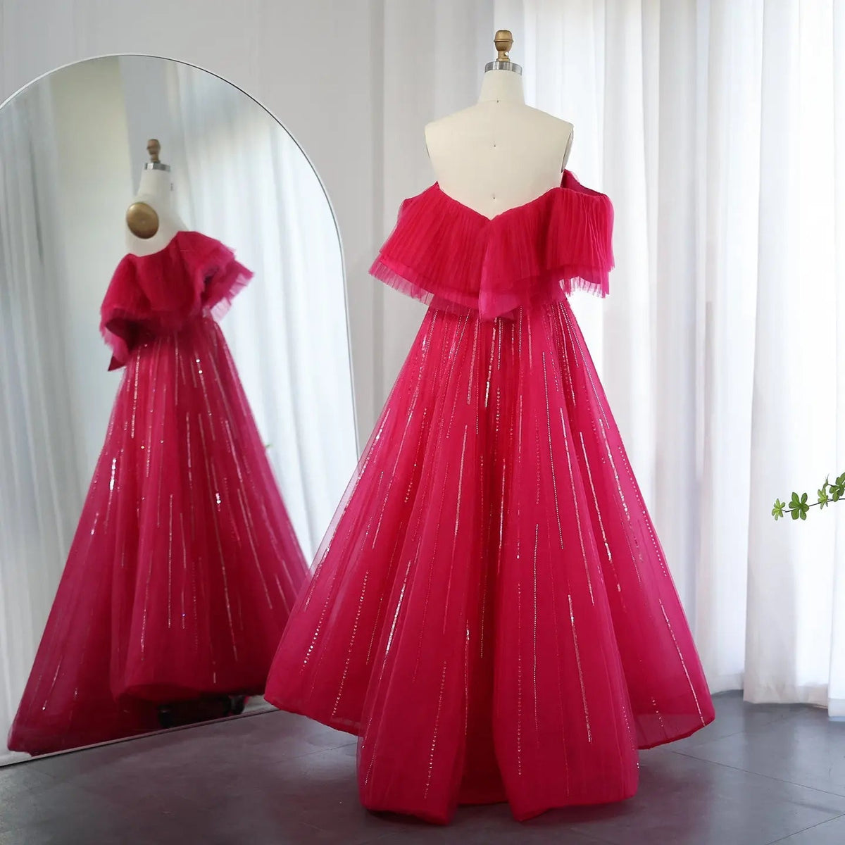 Luxury Off Shoulder Ball Gown Fuchsia Evening Dress SS390