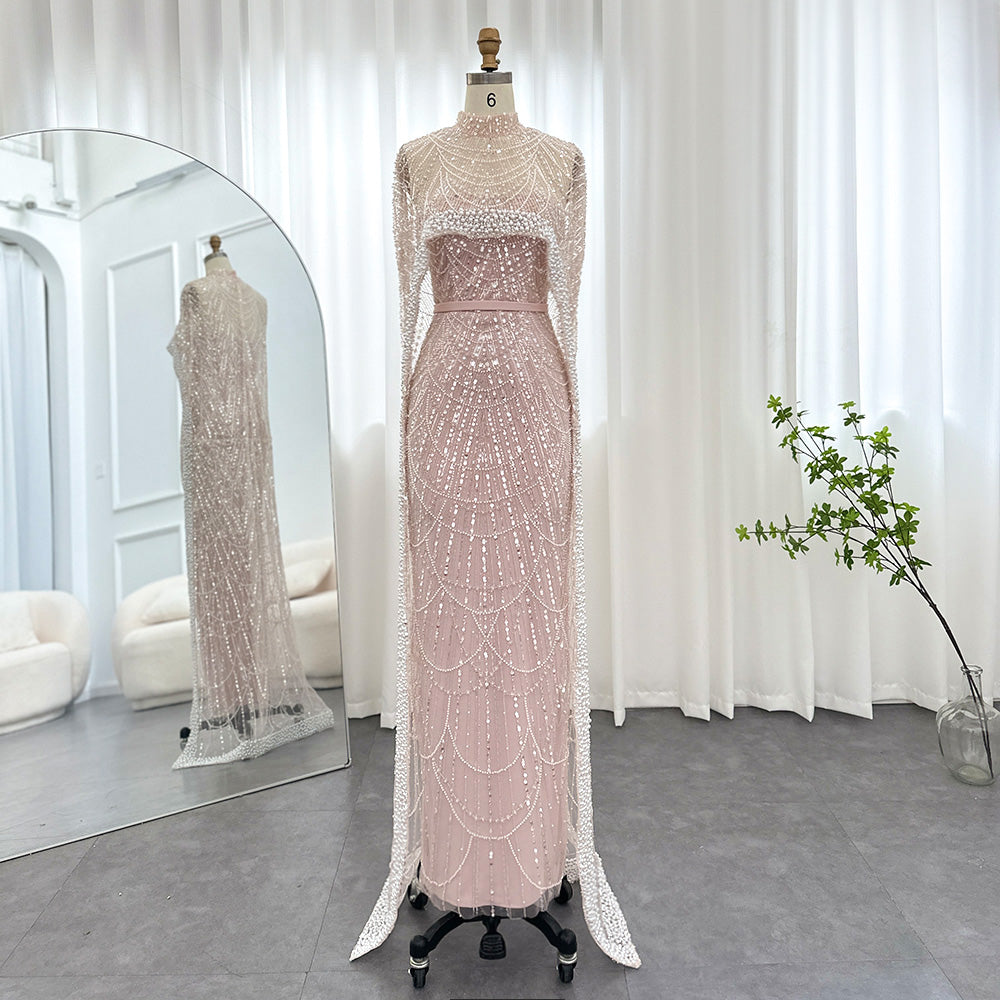 Luxury Pearls Champagne Mermaid Evening Dress with Cape SS369
