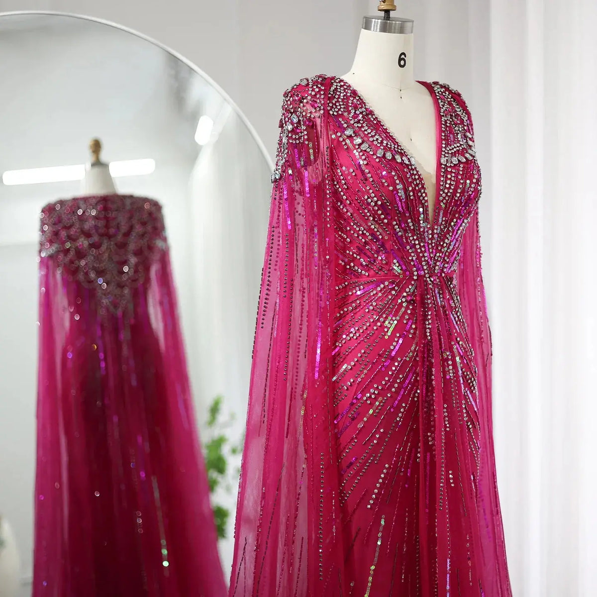 Luxury Dubai Green Evening Dresses with Cape Fuchsia Crystal Gold SS399