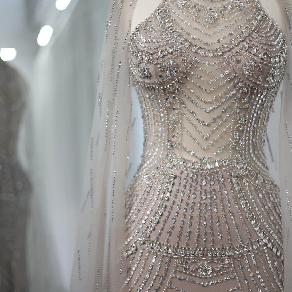 Luxury Champagne Evening Dresses with Cape Sleeves SS077