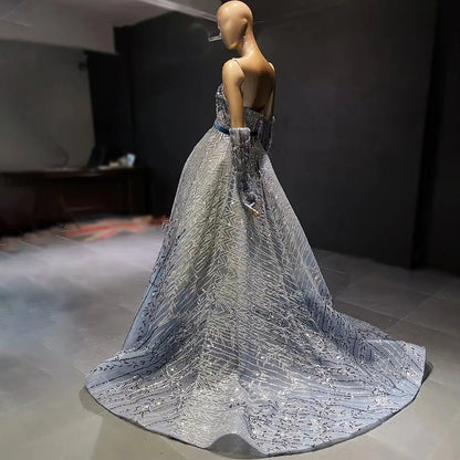 Glitter Crystal Beaded Blue Evening Dress with Sleeves SS752