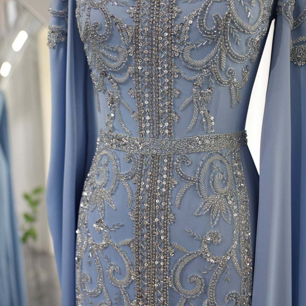 Luxury Blue Mermaid Evening Dress with Cape Sleeves SS365