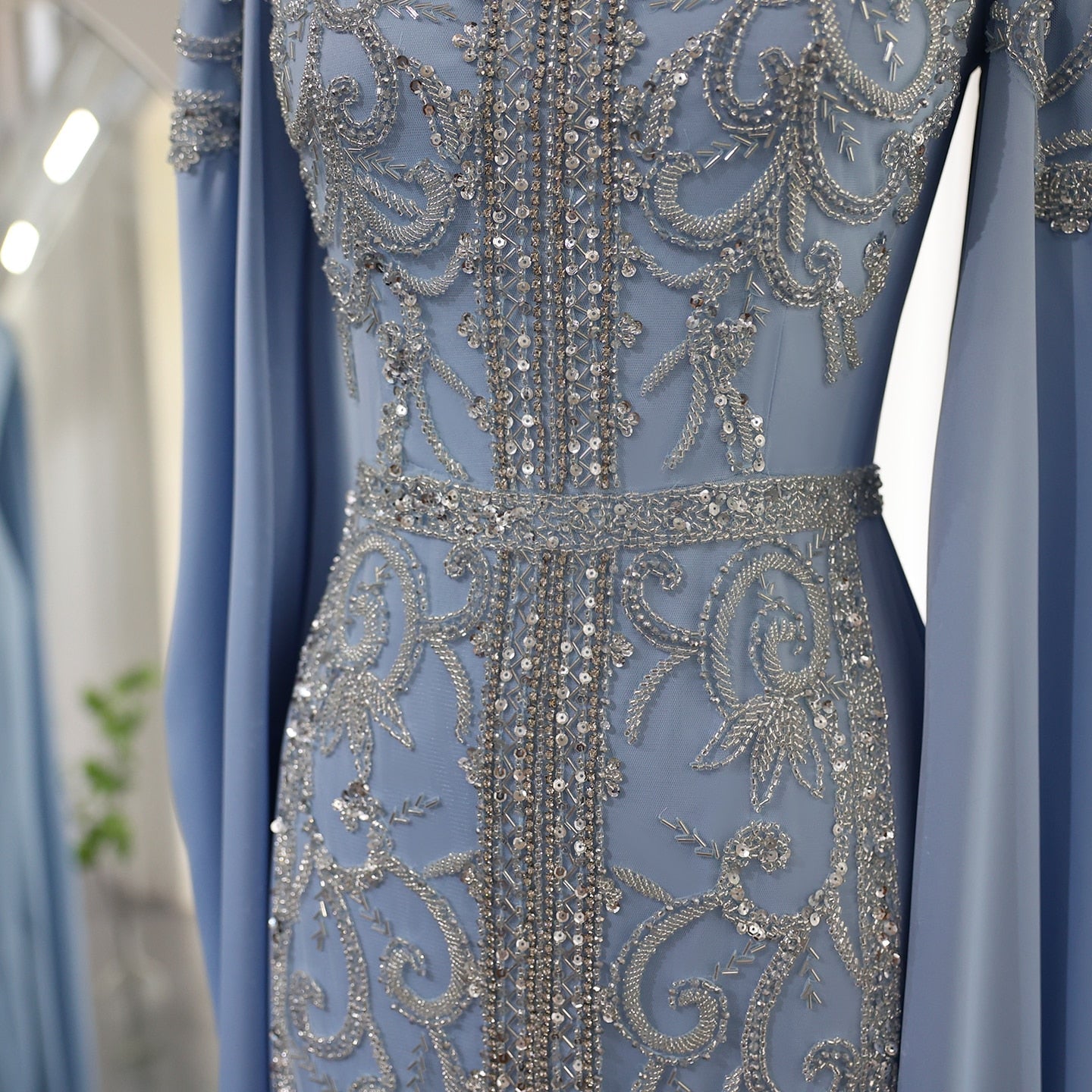 Luxury Blue Mermaid Evening Dress with Cape Sleeves SS365