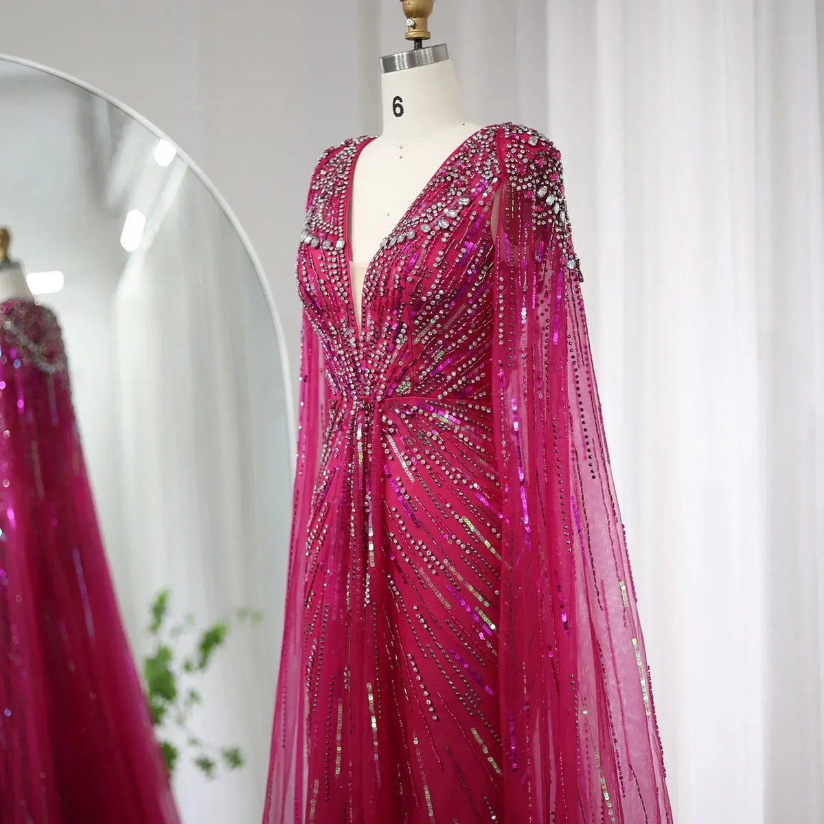 Luxury Dubai Green Evening Dresses with Cape Fuchsia Crystal Gold SS399