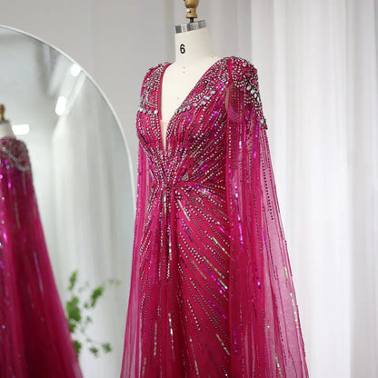 Luxury Dubai Green Evening Dresses with Cape Fuchsia Crystal Gold SS399