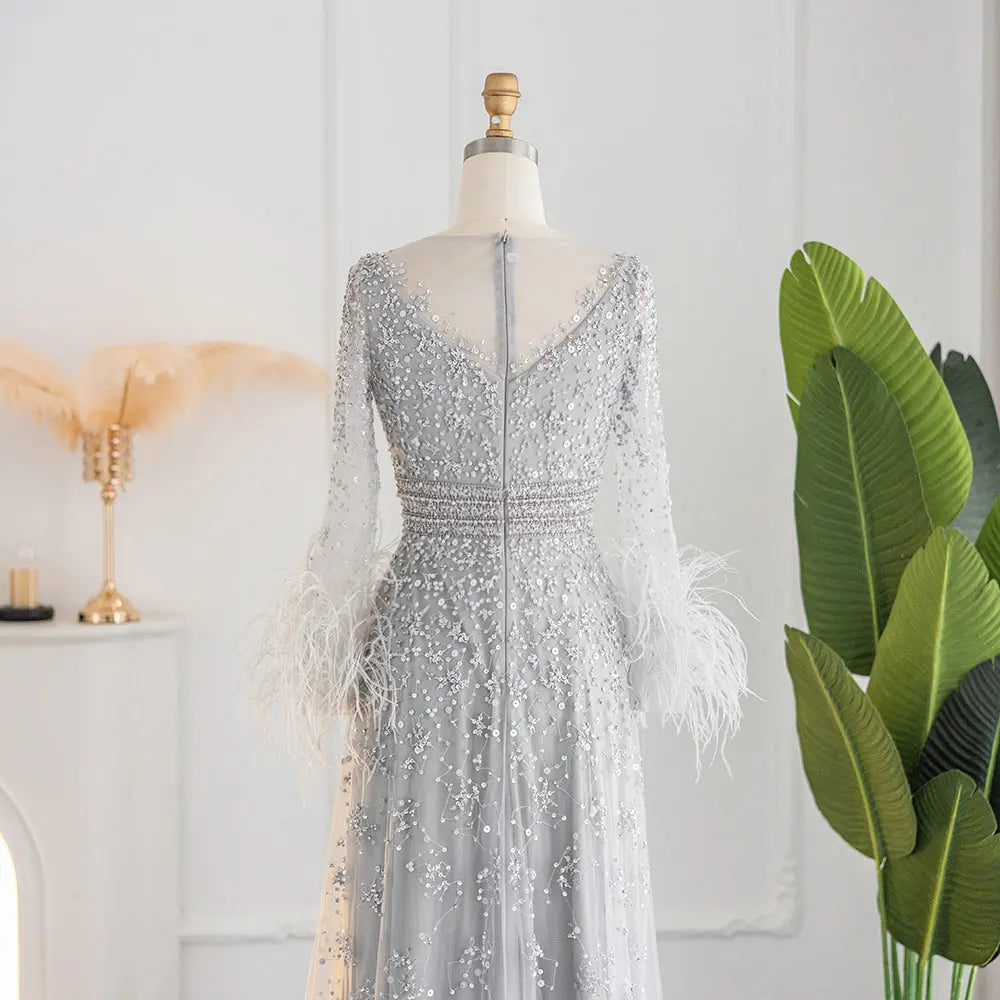 Luxury Champagne Feathers Long Sleeves Evening Dress SS101