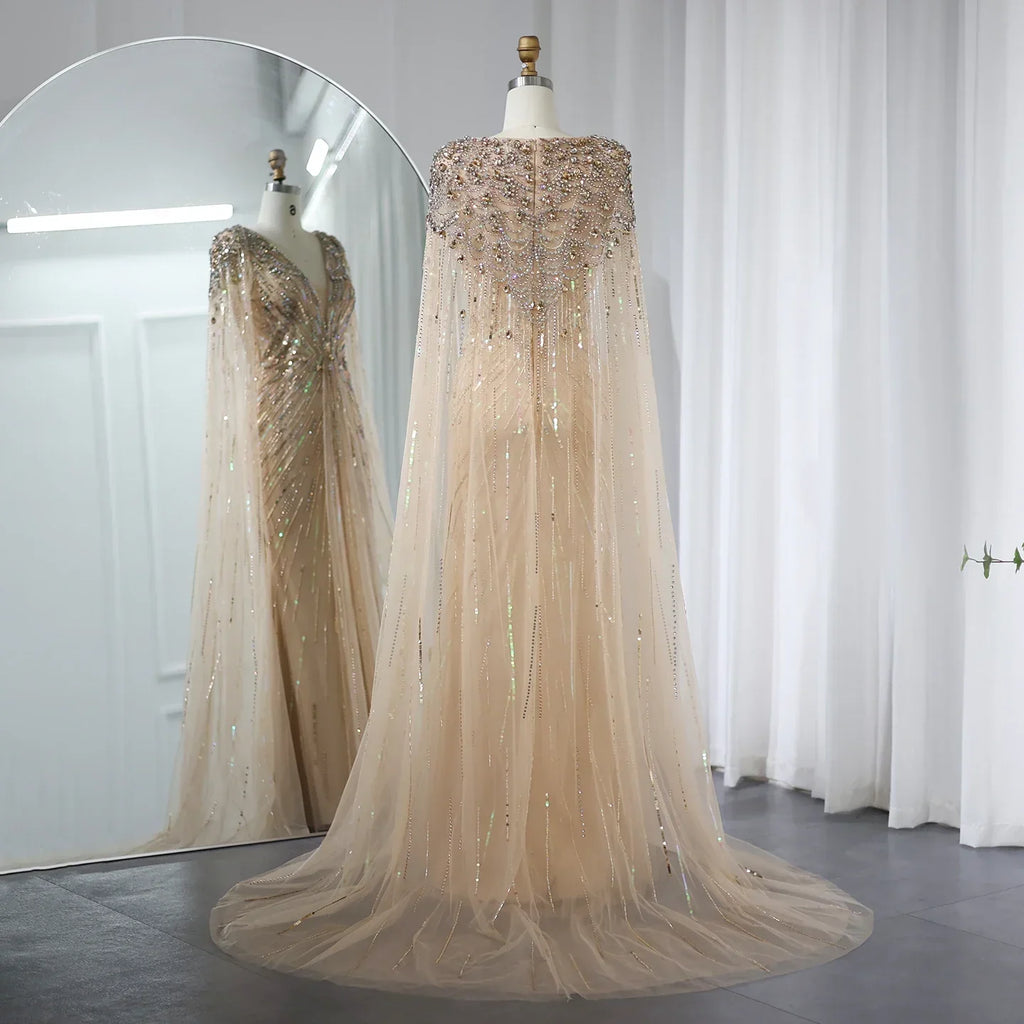 Luxury Crystal Sage Green V-Neck Evening Dresses with Cape SS399