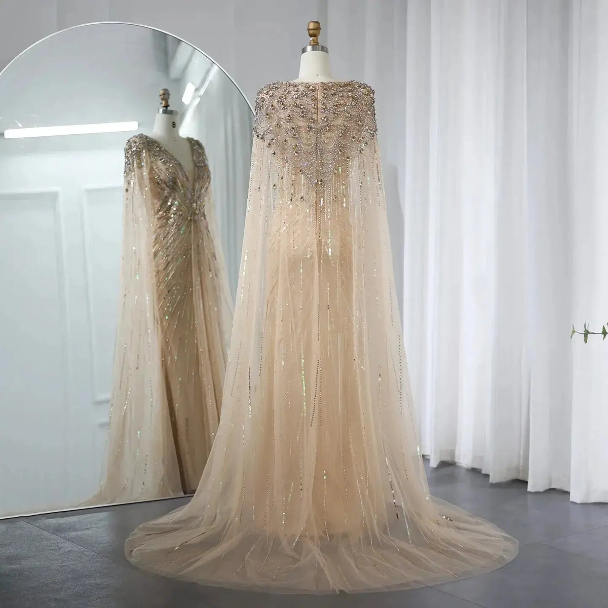 Luxury Dubai Green Evening Dresses with Cape Fuchsia Crystal Gold SS399
