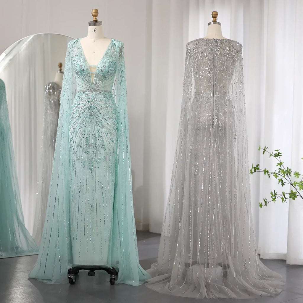 Luxury Turquoise V-Neck Mermaid Evening Dresses with Cape SS397