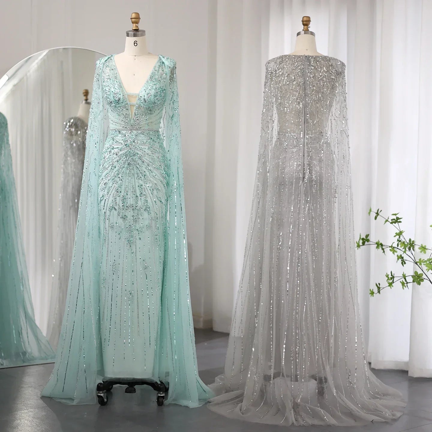 Luxury Turquoise V-Neck Mermaid Evening Dresses with Cape SS397