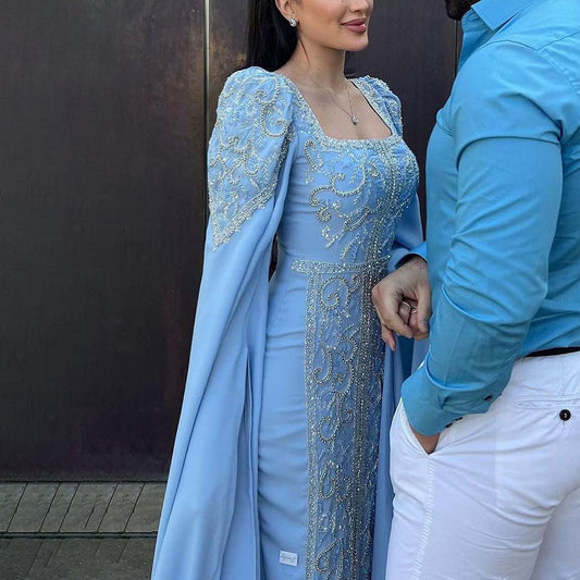 Luxury Blue Mermaid Evening Dress with Cape Sleeves SS365