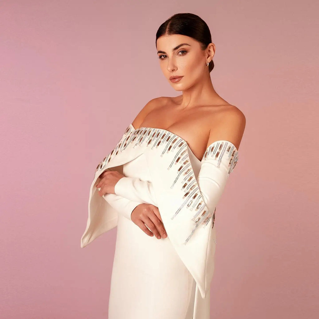 Elegant Off White Mermaid Evening Dress with Cape SF008