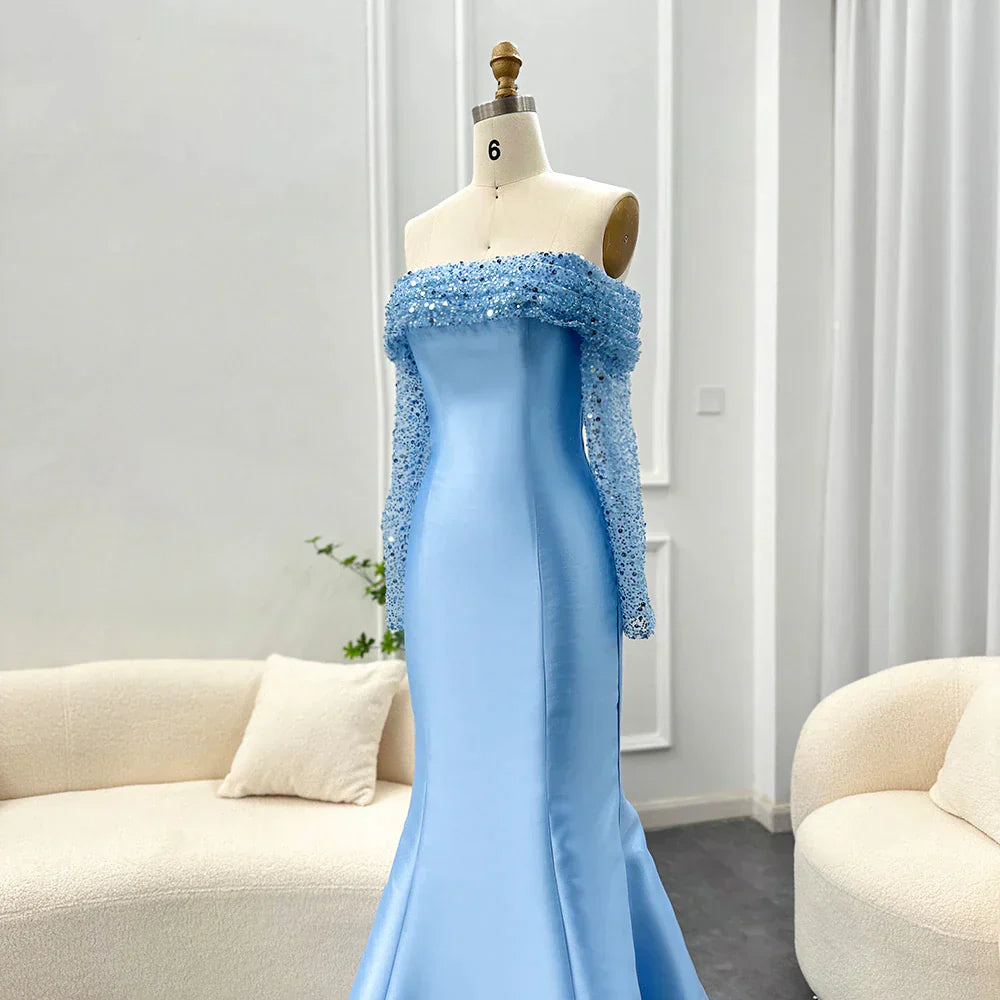 Elegant Off Shoulder Blue Long Sleeves Mermaid Evening Dress SF079