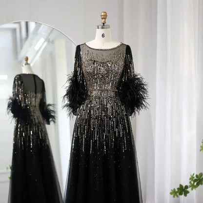 Luxury Feathers Black Half Sleeve Evening Dress SS339