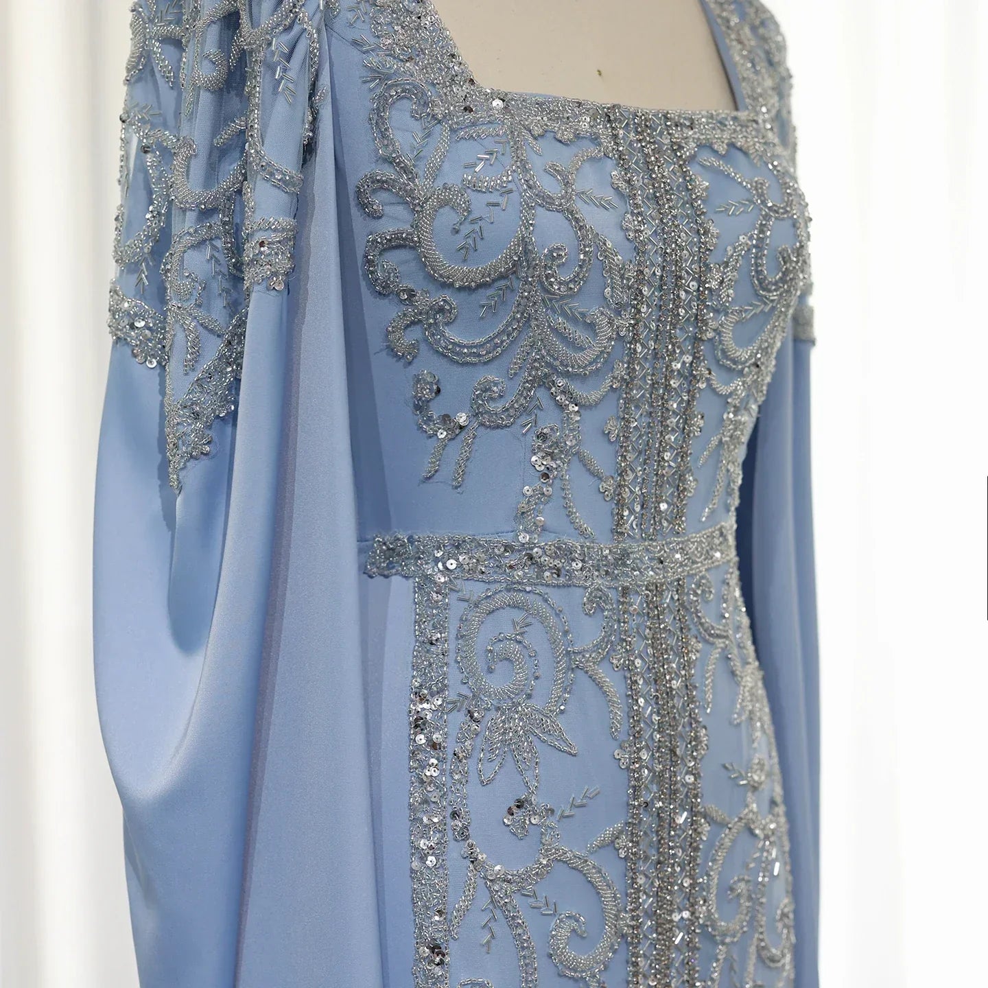 Luxury Blue Mermaid Evening Dress with Cape Sleeves SS365