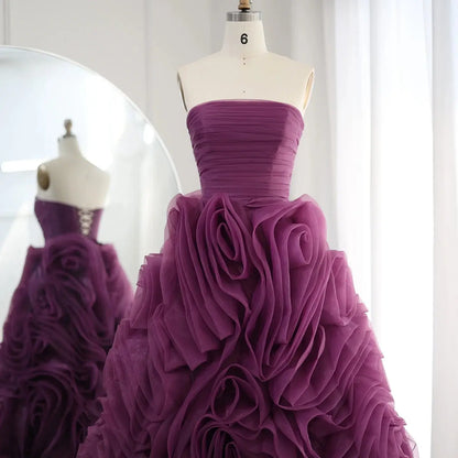 Luxury 3D Rose Flower Purple Strapless Evening Dress SF451
