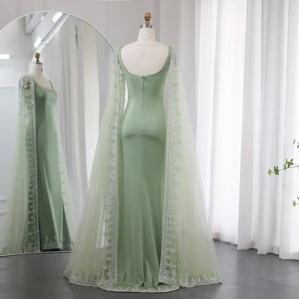 Luxury Crystal Blue Mermaid Evening Dresses with Cape Sleeves SS445