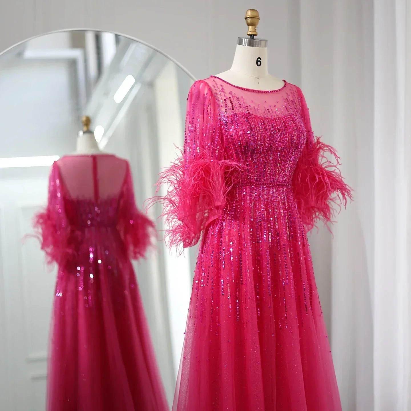 Luxury Feathers Black Half Sleeves A-Line Evening Dresses SS339