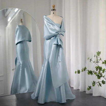 Luxury Blue Mermaid Evening Dress with Beaded Cape Shawl SS333