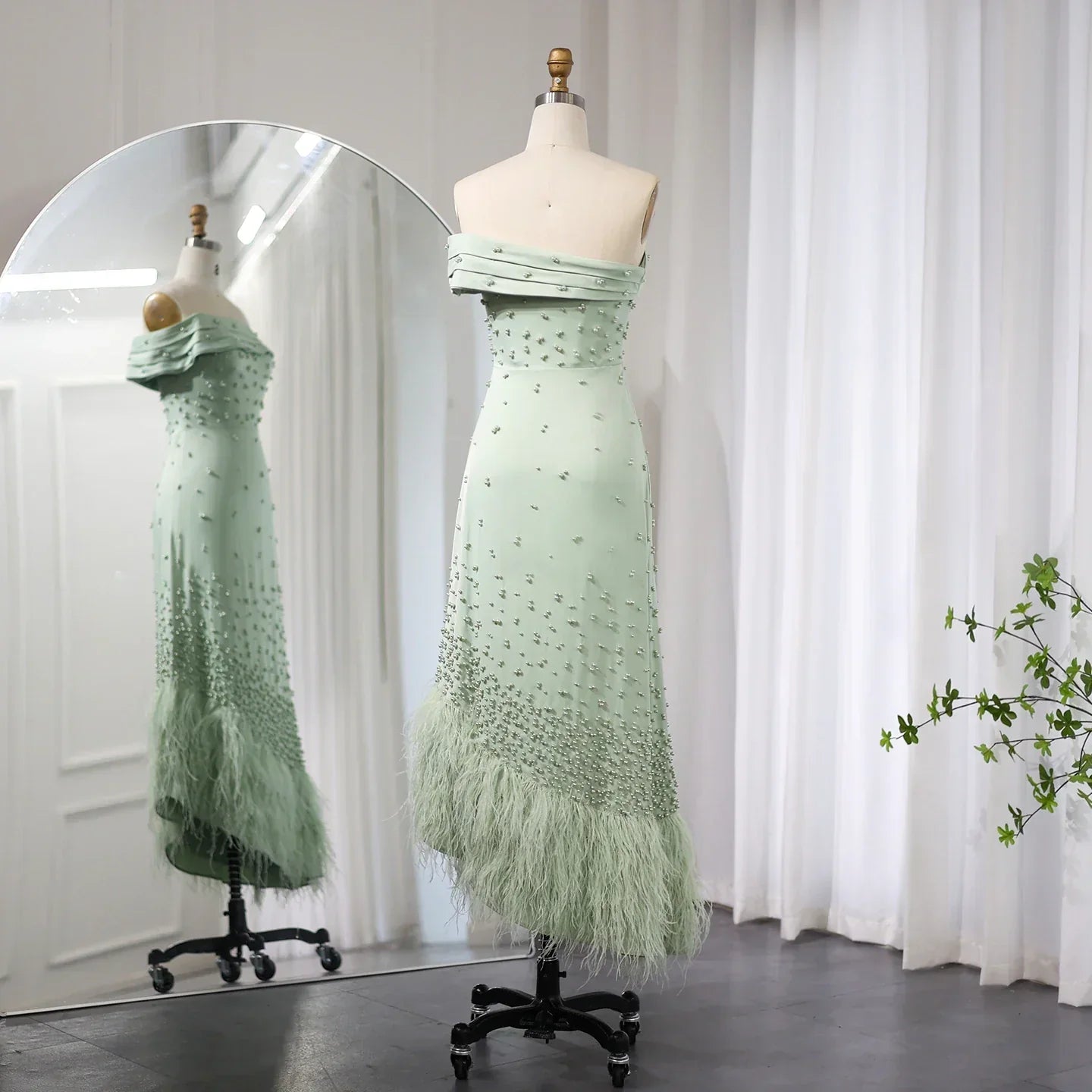 Luxury Feathers Pink One Shoulder Mermaid Evening Dress SS388