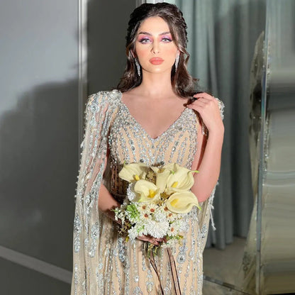 Luxury Crystal Pearls Evening Dress with Cape Sleeves SS750