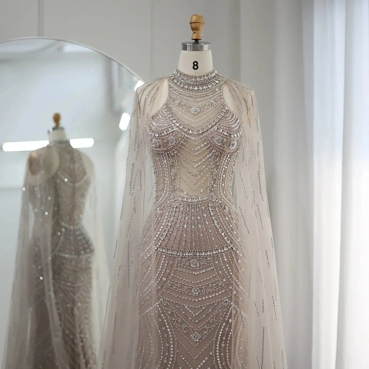 Luxury Champagne Evening Dress with Cape Sleeves SS077