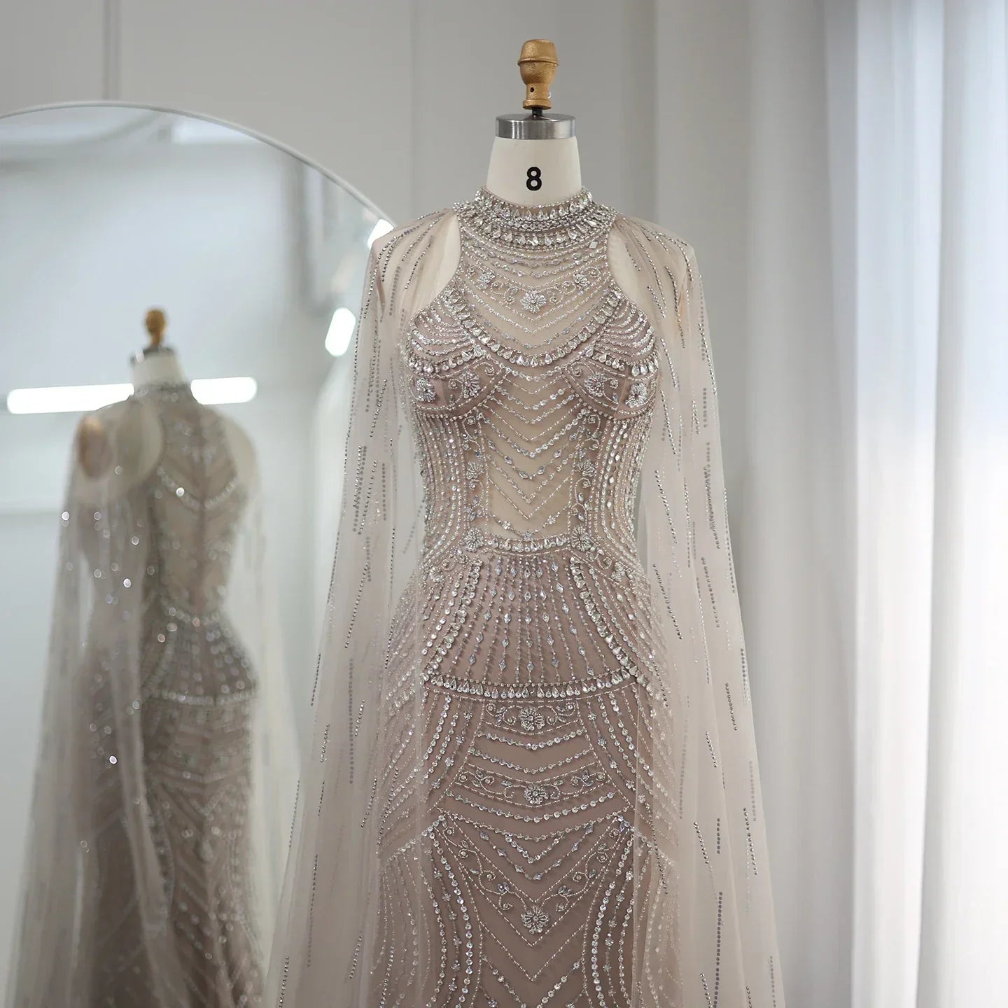 Luxury Champagne Evening Dresses with Cape Sleeves SS077