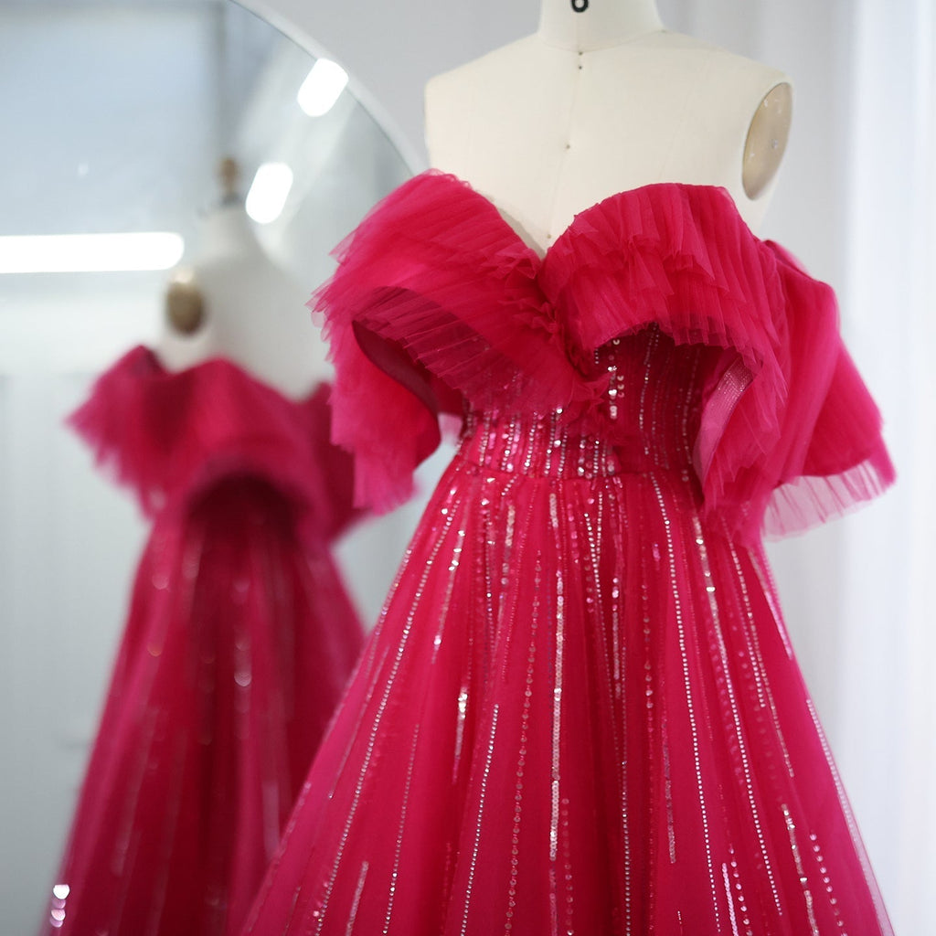Luxury Fuchsia Off Shoulder A-Line Evening Dress SS390